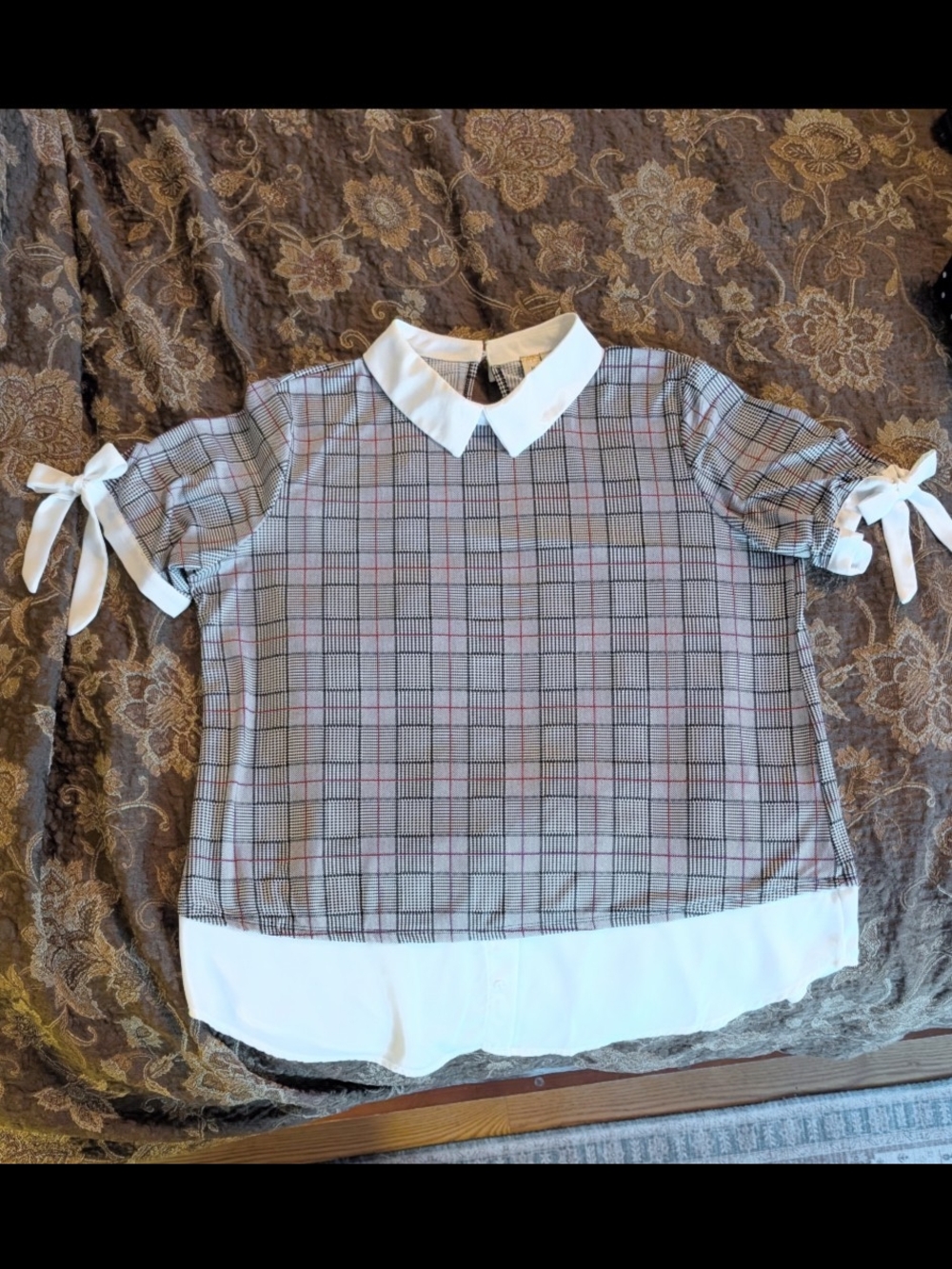 Misia Plaid Collar Top with Bow Sleeves